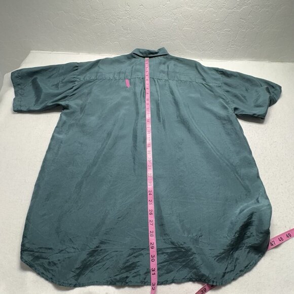 100% SILK Shirt Men Size M Green City Streets Button Down Short Sleeve 9-17 - Picture 9 of 13